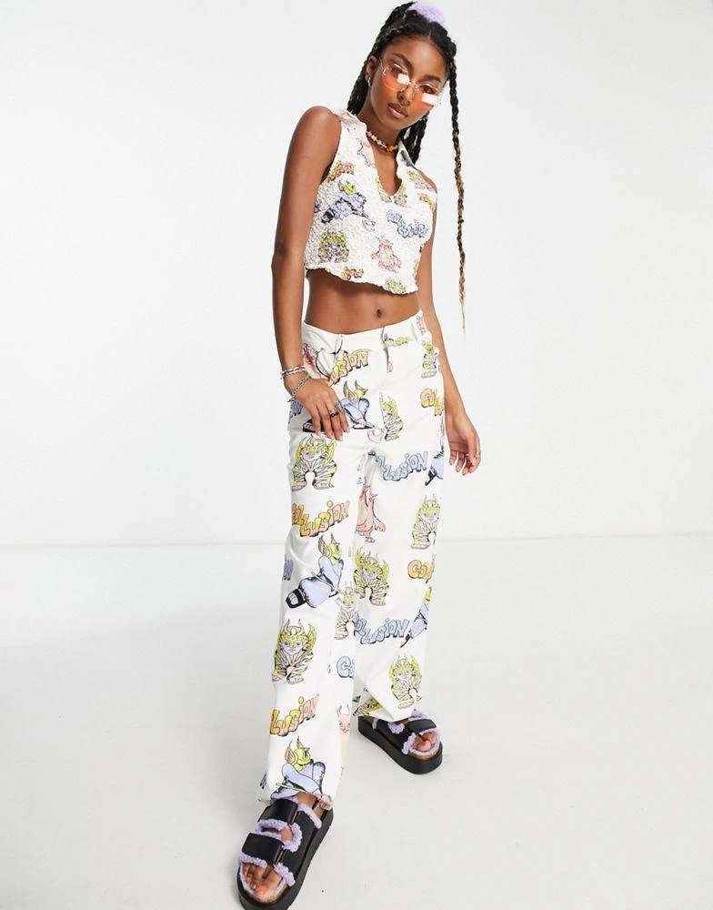 商品COLLUSION|COLLUSION Unisex cartoon print 90s straight leg trousers co-ord in white,价格¥116,第1张图片