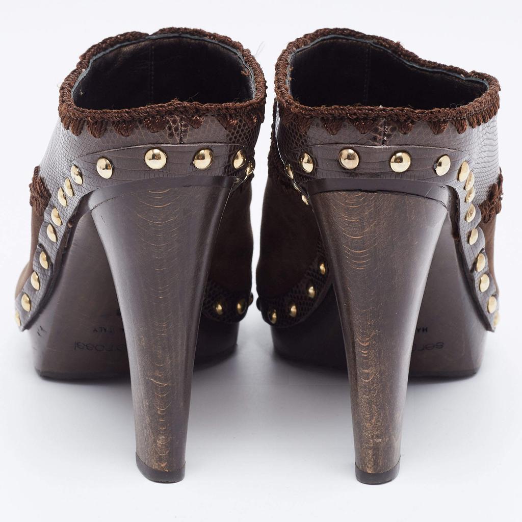 Sergio Rossi Brown Lizard Embossed Leather and Suede Studded Platform Mules Size 38商品第5张图片规格展示