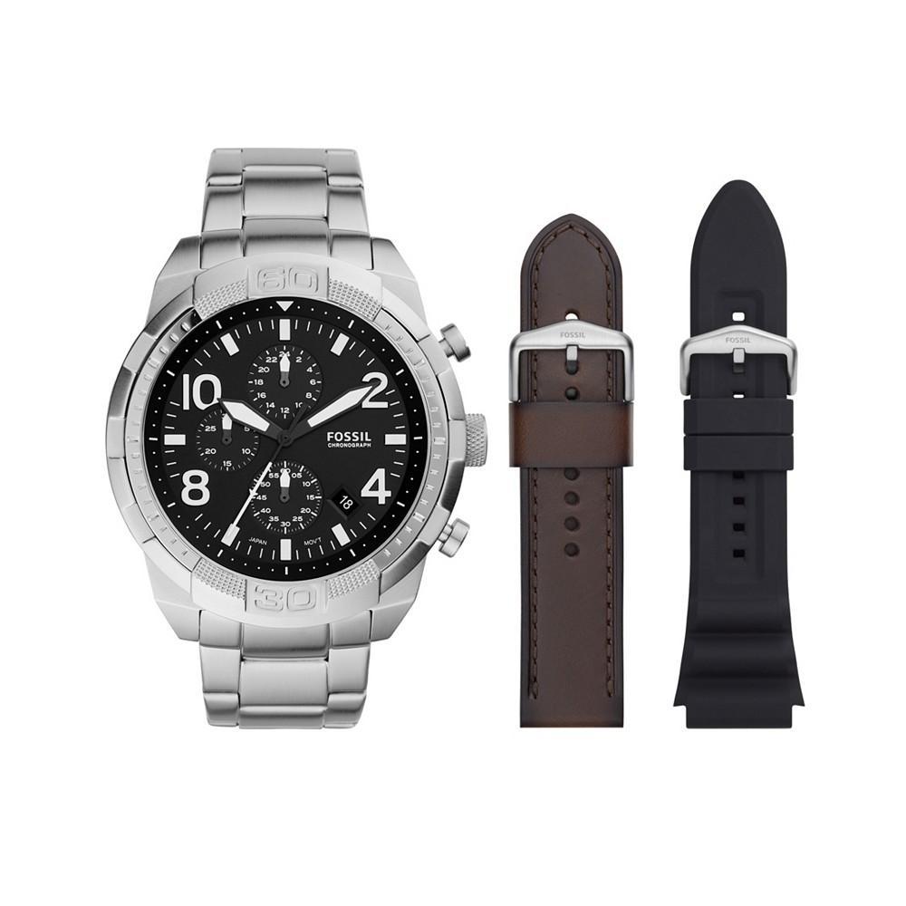 商品Fossil|Men's Bronson Chronograph, Silver-Tone Stainless Steel Bracelet Watch, 50mm and Interchangeable Brown Leather Strap, Black Silicone Band Set,价格¥1697,第1张图片