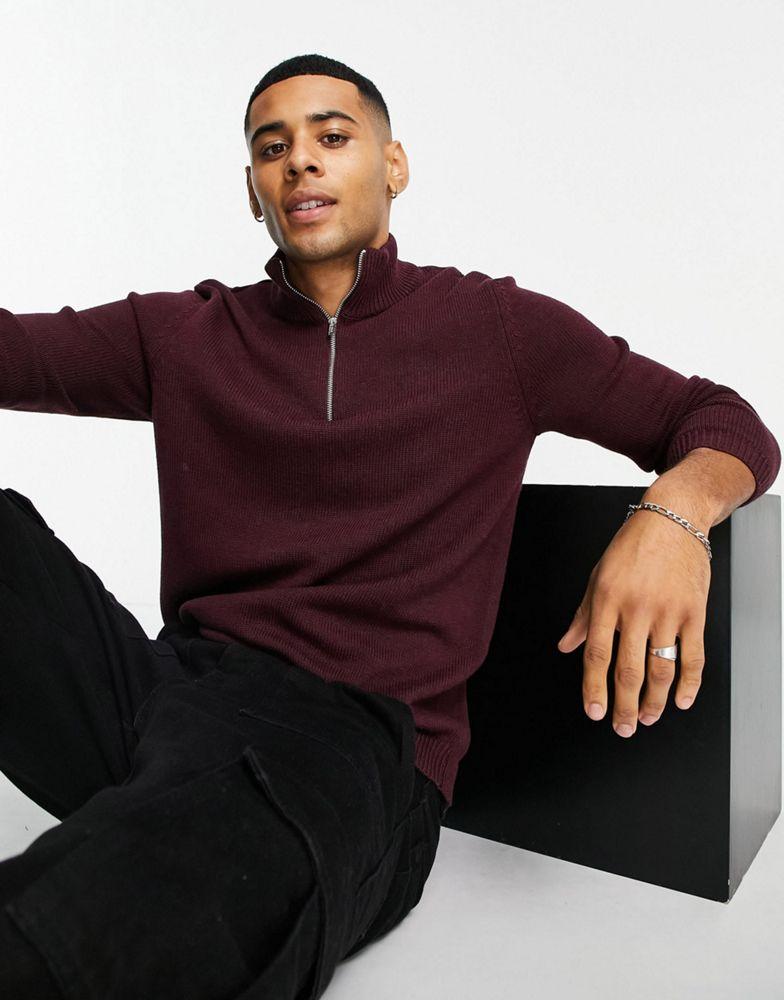 ASOS DESIGN midweight half zip cotton jumper in burgundy商品第3张图片规格展示