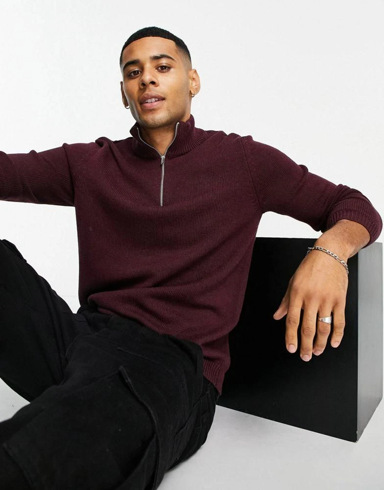 商品ASOS|ASOS DESIGN midweight half zip cotton jumper in burgundy,价格¥139,第3张图片详细描述