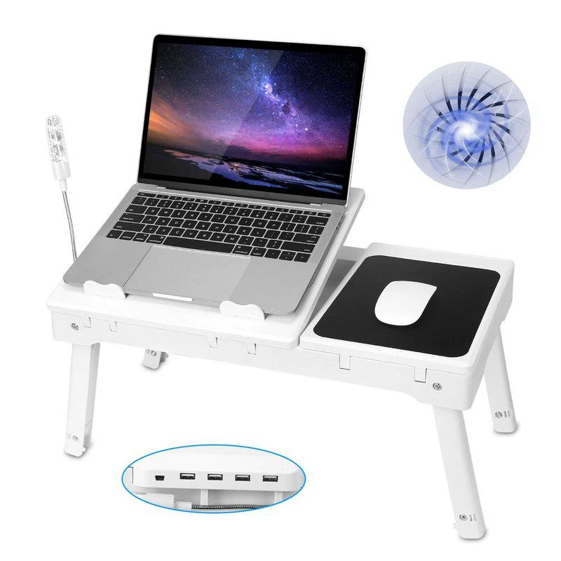 商品Fresh Fab Finds|Foldable Laptop Table Bed Desk With Cooling Fan Mouse Board LED 4 USB Ports Snacking Tray with Storage for Home Office White,价格¥566,第1张图片