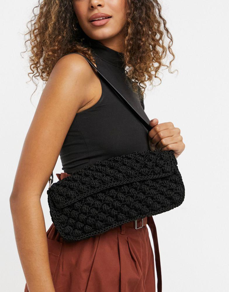 商品ASOS|ASOS DESIGN 90s shoulder bag with flap in black bobble knit,价格¥155,第6张图片详细描述