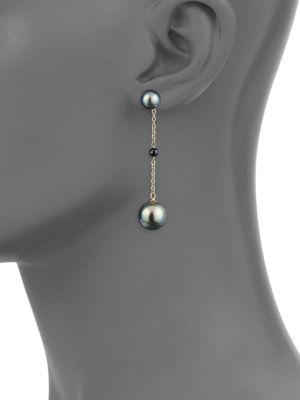 14K Yellow Gold, 8mm-11mm Black Tahitian Pearl & Black Spinel Drop Earrings商品第2张图片规格展示