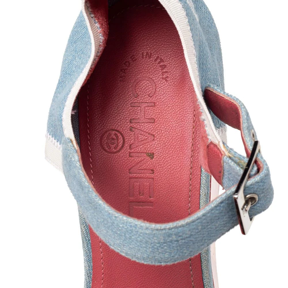Chanel Blue/Red Denim And Paten Leather CC Cap Toe Wedge Platform Ankle Strap Sandals Size 40 商品