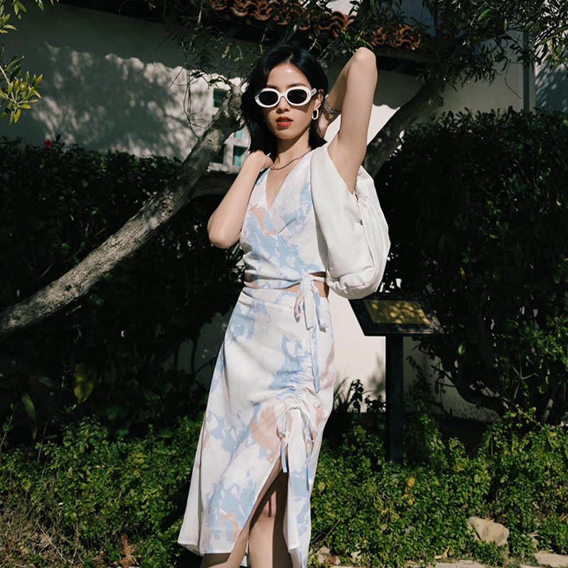 【Suggyl联名胶囊系列】Peggy抽象印花法式度假风侧开叉抽绳半裙 | Peggy Skirt - Abstract Colors 商品第7张图片规格展示