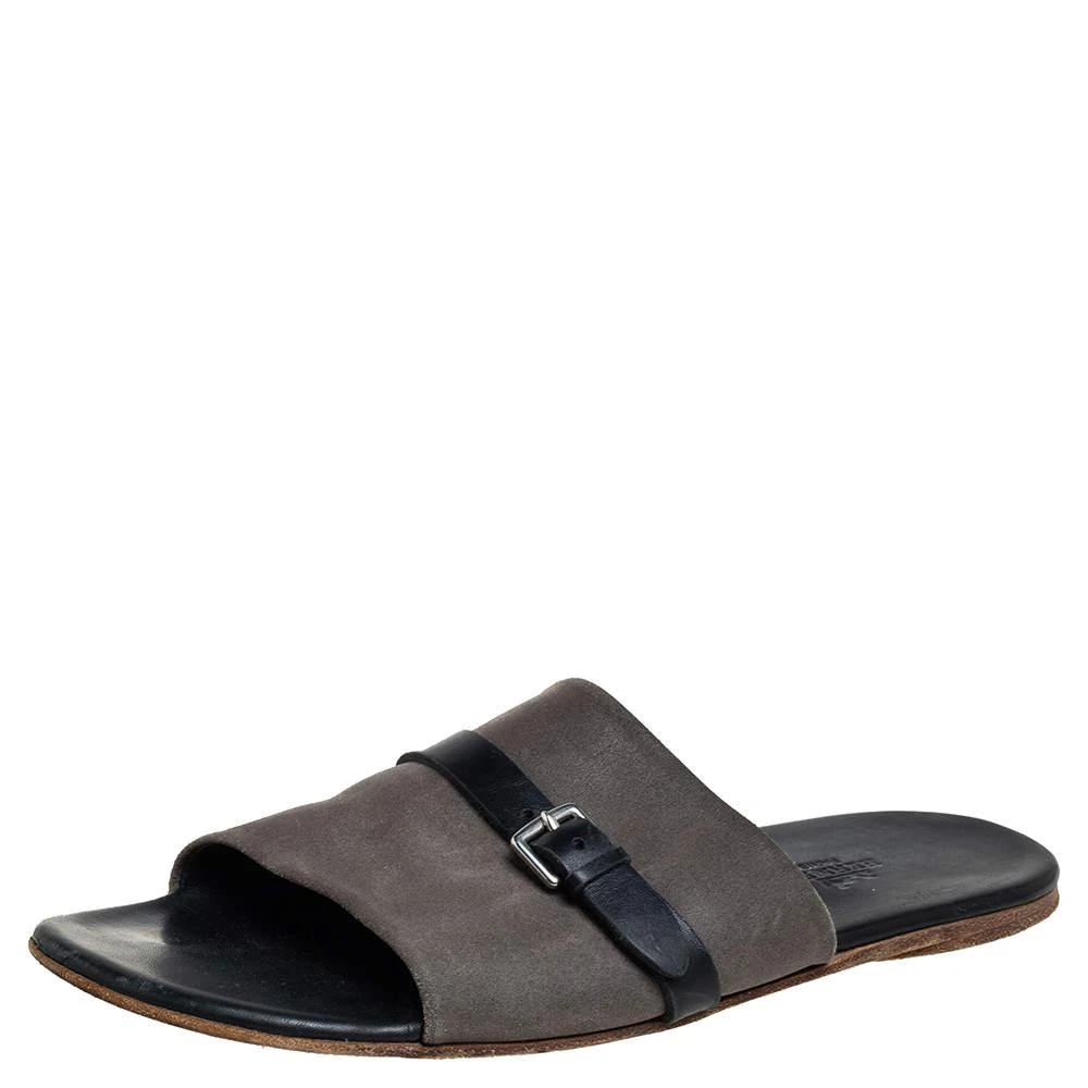 商品[二手商品] Hermes|Hermes Grey/Black Suede And Leather Slide Sandals Size 41,价格¥1293,第1张图片