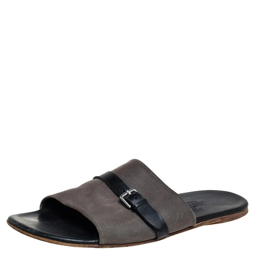 商品[二手商品] Hermes|Hermes Grey/Black Suede And Leather Slide Sandals Size 41 ,价格¥1257,第1张图片