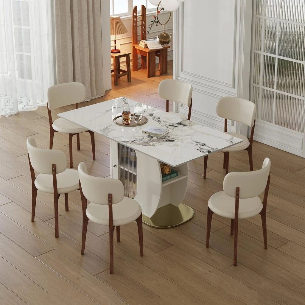 商品Streamdale Furniture|Streamdale 63" Modern Dining Table Set, Burnt Stone Top, Gold Base, 6 White Chairs,价格¥11055,第1张图片