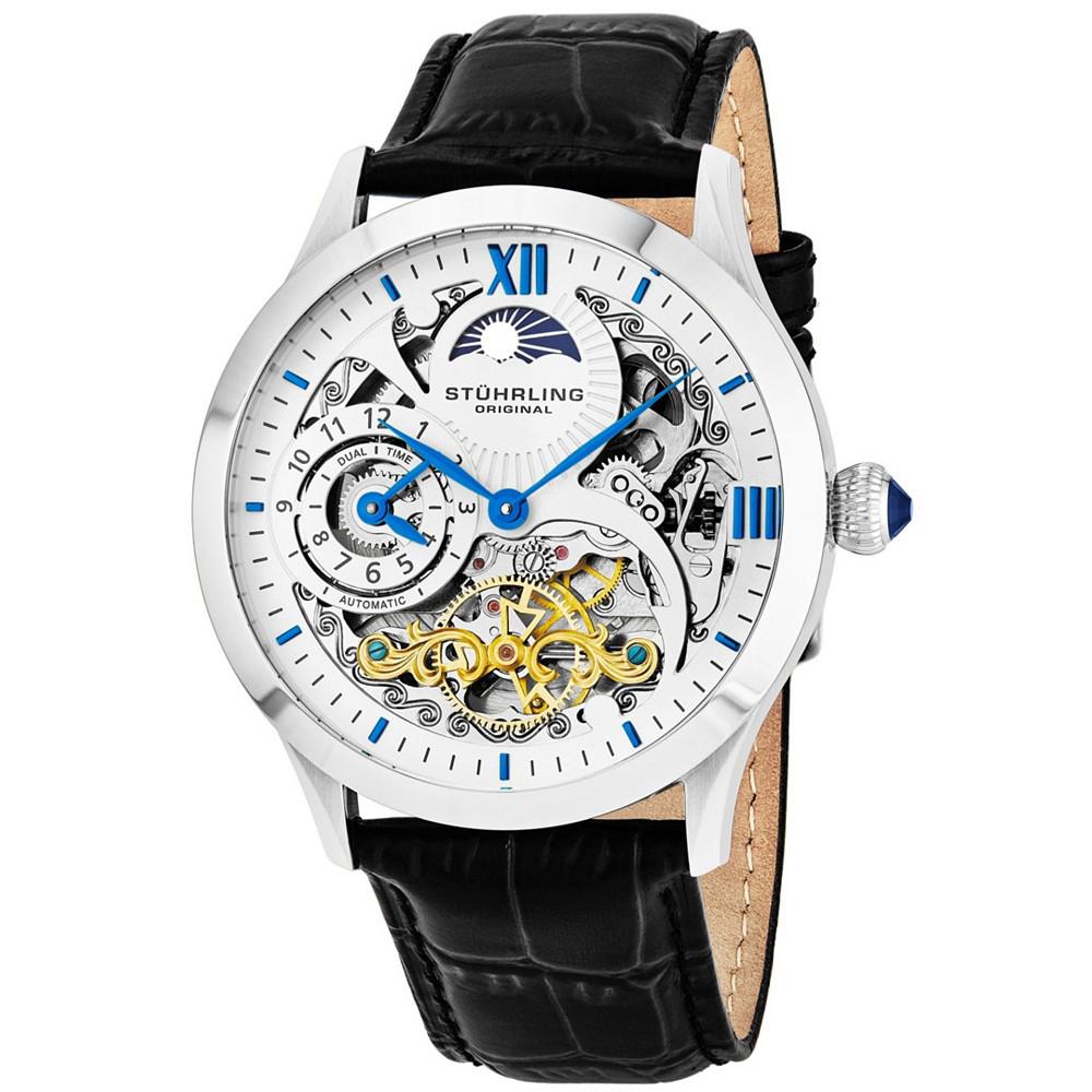 Original Stainless Steel Case on Black Alligator Embossed Genuine Leather Strap, White Skeletonized Dial, With Blue, Gold Tone, and Black Accents商品第1张图片规格展示