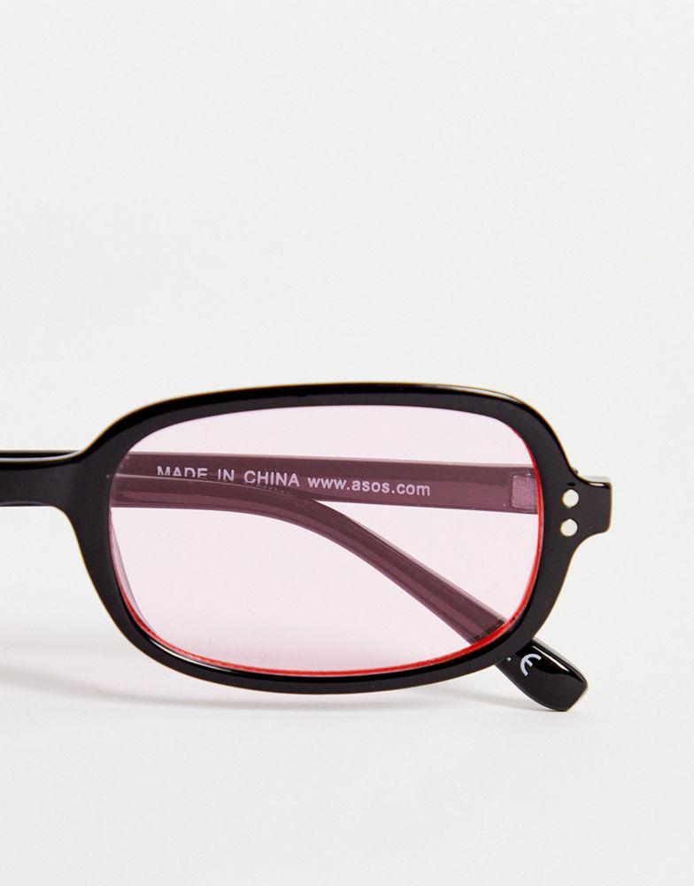 ASOS DESIGN rectangle sunglasses with pink lens in black - BLACK商品第3张图片规格展示