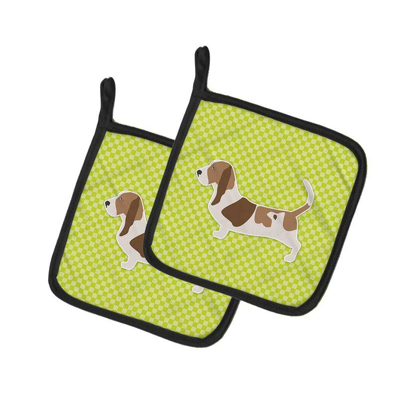 商品Caroline's Treasures|Basset Hound Checkerboard Green Pair of Pot Holders,价格¥170,第1张图片