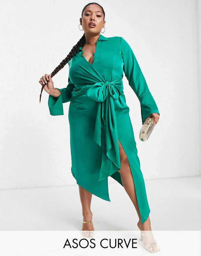 商品ASOS|ASOS DESIGN Curve drape shirt midi dress in satin,价格¥271,第1张图片