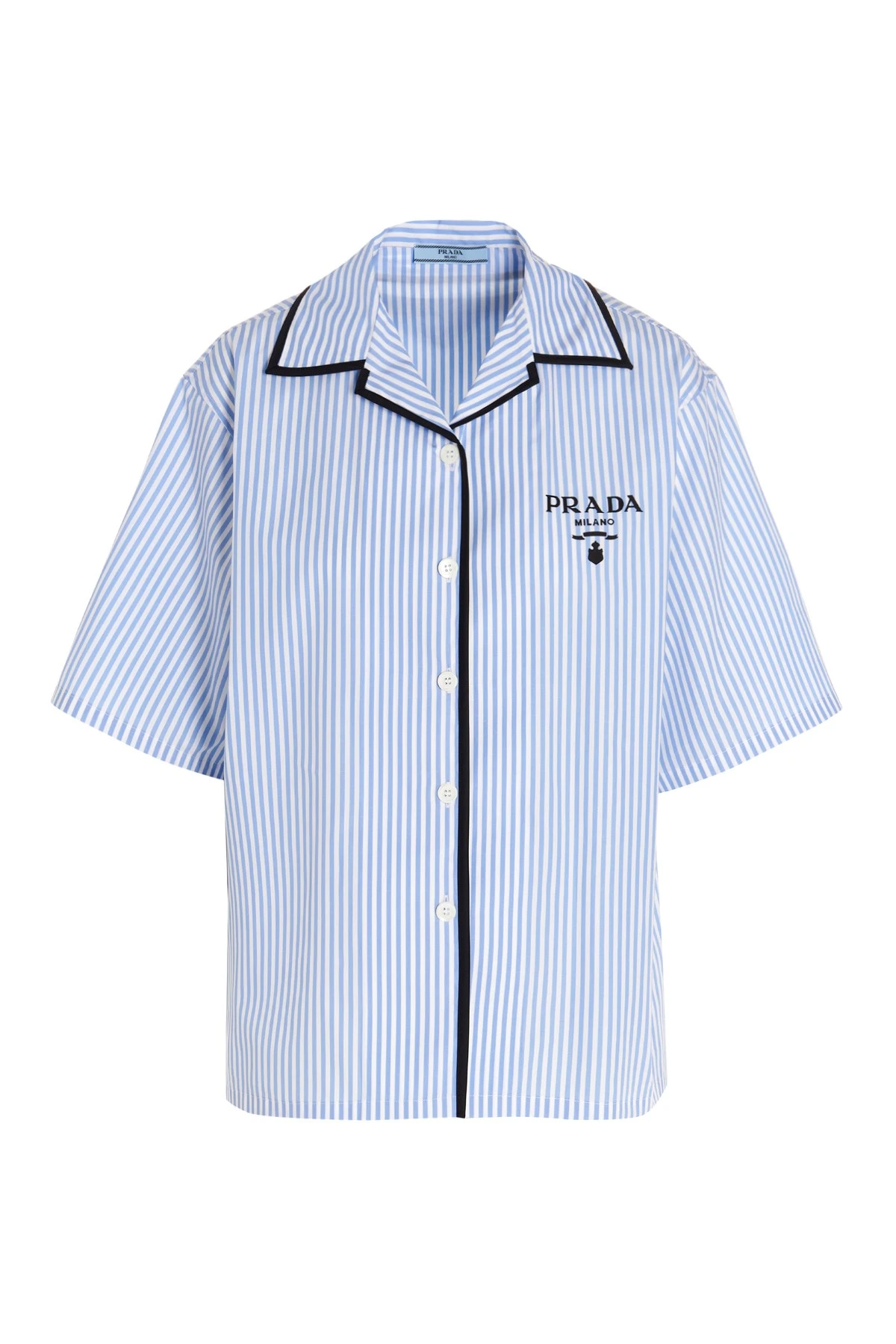 商品Prada|PRADA 女士浅蓝色条纹棉质短袖衬衫 P433BR-1UXT-F0076,价格¥4640,第1张图片