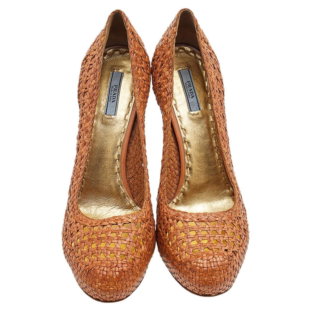 商品[二手商品] Prada|Prada Brown Woven Leather Madras Platform Pumps Size 41.5,价格¥1167,第3张图片详细描述