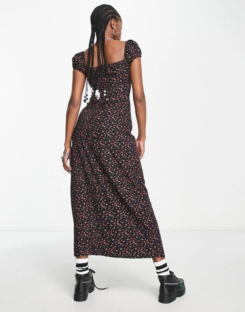 商品Motel|Motel rosebud print grunge lattice detail midaxi dress in black,价格¥295,第2张图片详细描述