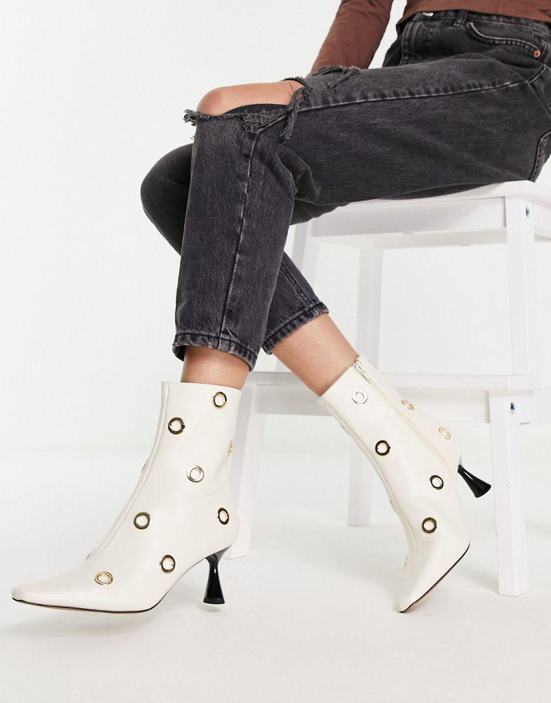 商品ASOS|ASOS DESIGN Rush mid-heeled boots with hardware detail in natural,价格¥388,第1张图片