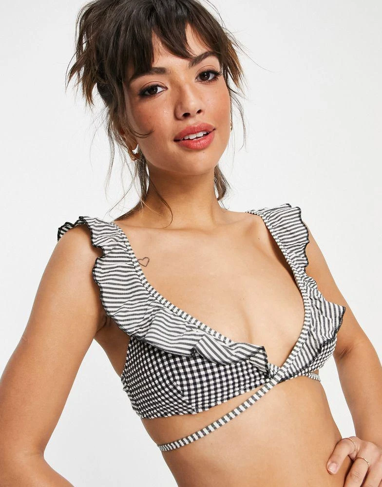 Aerie Aerie scoop wrap ruffle bikini top co-ord in black gingham from ASOS