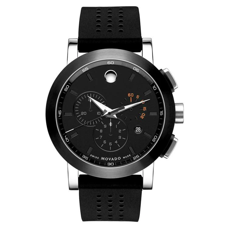 商品Movado|Men's Swiss Museum Sport Chronograph Black Perforated Rubber Strap Watch 44mm 0606545,价格¥5009,第1张图片