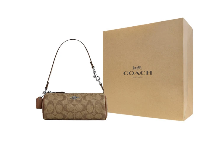 商品[国内直发] Coach|蔻驰 Nolita 20 银标Logo经典老花五金扣拉链 人造革 圆筒包手提单肩包 小号 女款 卡其色拼马鞍棕色,价格¥952,第8张图片详细描述