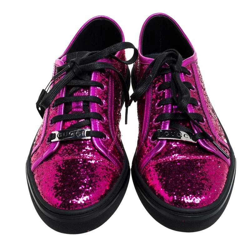 商品[二手商品] Gucci|Gucci Metallic Pink Coarse Glitter And Leather Trim Low Top Sneakers Size 38,价格¥1247,第3张图片详细描述