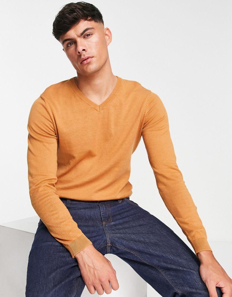 ASOS DESIGN knitted cotton v-neck jumper in light brown商品第1张图片规格展示