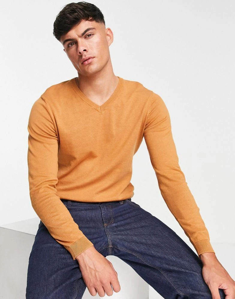 商品ASOS|ASOS DESIGN knitted cotton v-neck jumper in light brown,价格¥199,第1张图片