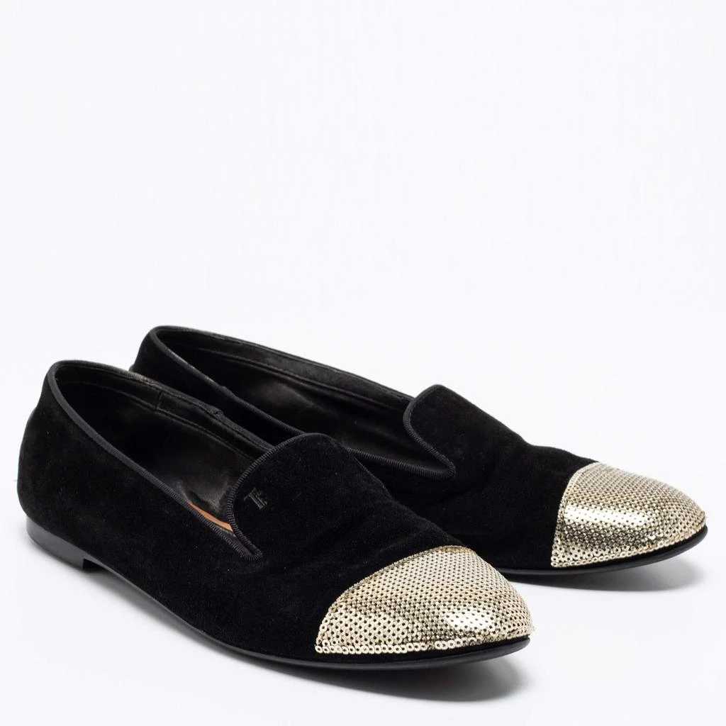 商品[二手商品] Tod's|Tod's Black/Gold Suede and Sequins Embellished Cap-Toe Slip-On Loafers Size 37.5,价格¥1549,第4张图片详细描述