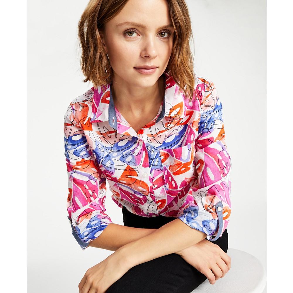 商品Tommy Hilfiger|Women's Cotton Leaf-Print Roll-Tab Shirt,价格¥358,第5张图片详细描述