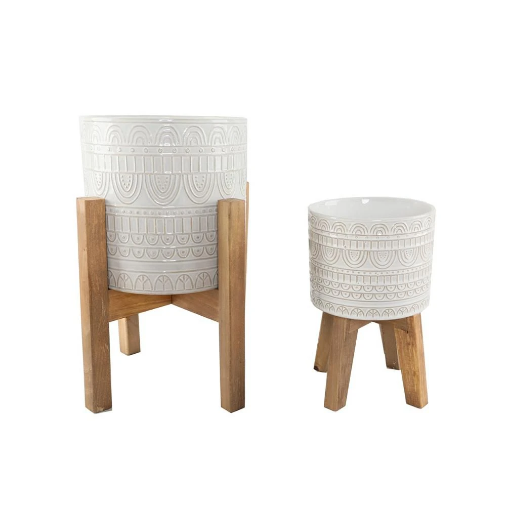商品Flora Bunda|Aqueduct Ceramic Planter on Wood Stand, Set of 2,价格¥1859,第1张图片