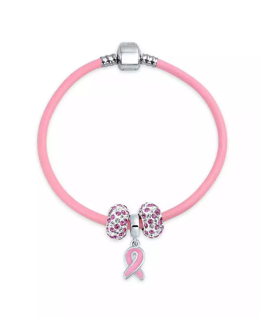 商品Bling Jewelry|Support Breast Cancer Survivor Pink Ribbon Bead Charm Pink Leather Bracelet .925 Silver,价格¥416,第2张图片详细描述