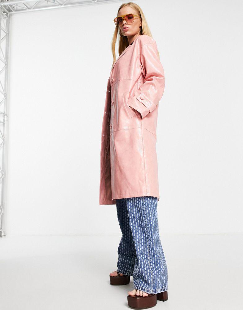 Topshop croc PU mid-length coat in pink商品第2张图片规格展示