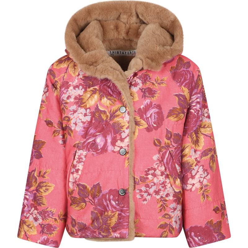 Reversible floral print faux fur jacket in light brown and pink商品第2张图片规格展示