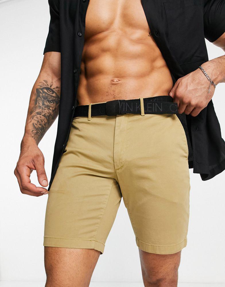 商品Calvin Klein|Calvin Klein garment dyed chino shorts with belt in tan,价格¥662,第1张图片