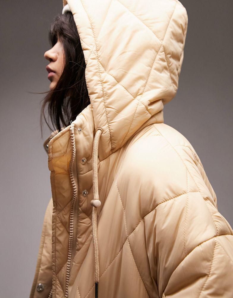 商品Topshop|Topshop longline quilted hooded puffer jacket in buttermilk,价格¥800,第5张图片详细描述
