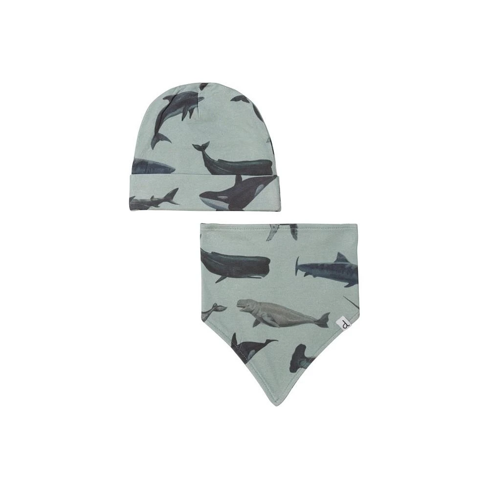 商品Deux par Deux|Baby Boy Organic Cotton Printed Hat & Bib Set Blue Sharks & Whales - Infant,价格¥194,第1张图片