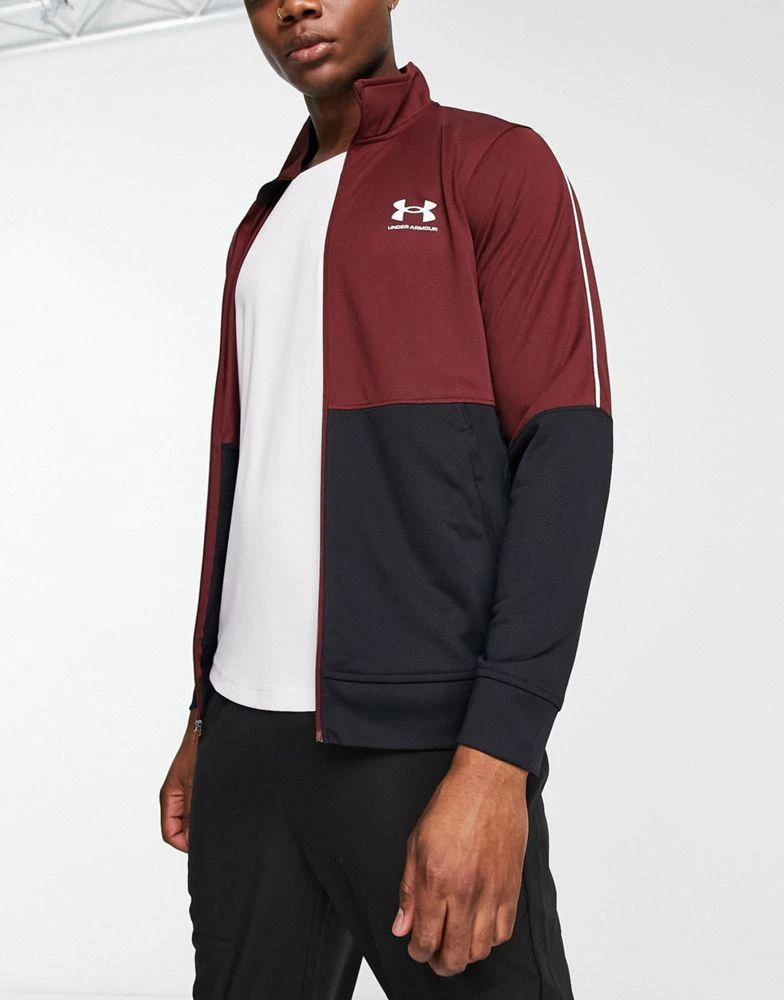 商品Under Armour|Under Armour Training pique track jacket in black and burgundy colourblock,价格¥212,第1张图片