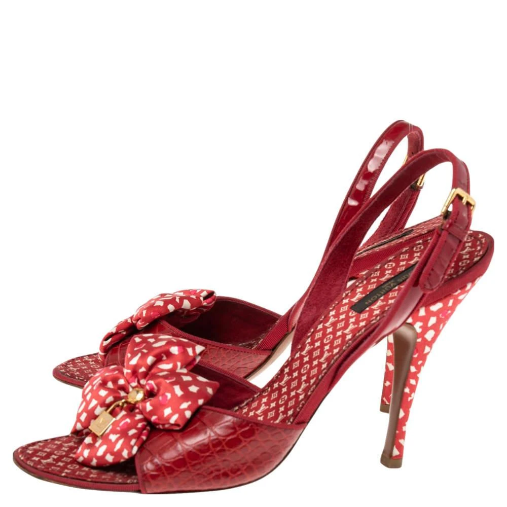 商品[二手商品] Louis Vuitton|Louis Vuitton Red Croc Embossed Leather Printed Silk Bow Lock Charm Detail Slingback Sandals Size 41,价格¥1524,第4张图片详细描述