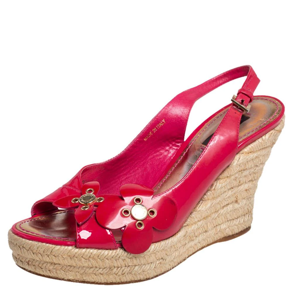 商品[二手商品] Louis Vuitton|Louis Vuitton Pink Patent Leather Floral Espadrille Wedges  Sandals Size 37.5,价格¥894,第1张图片