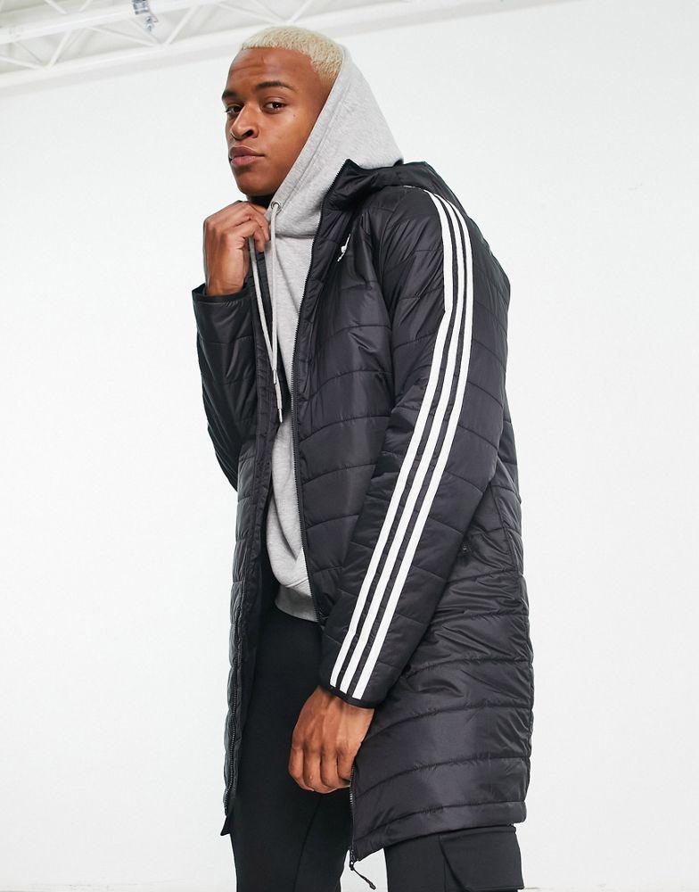 商品Adidas|adidas Originals Adicolor 3 stripe hooded longline puffer jacket in black,价格¥1296,第1张图片