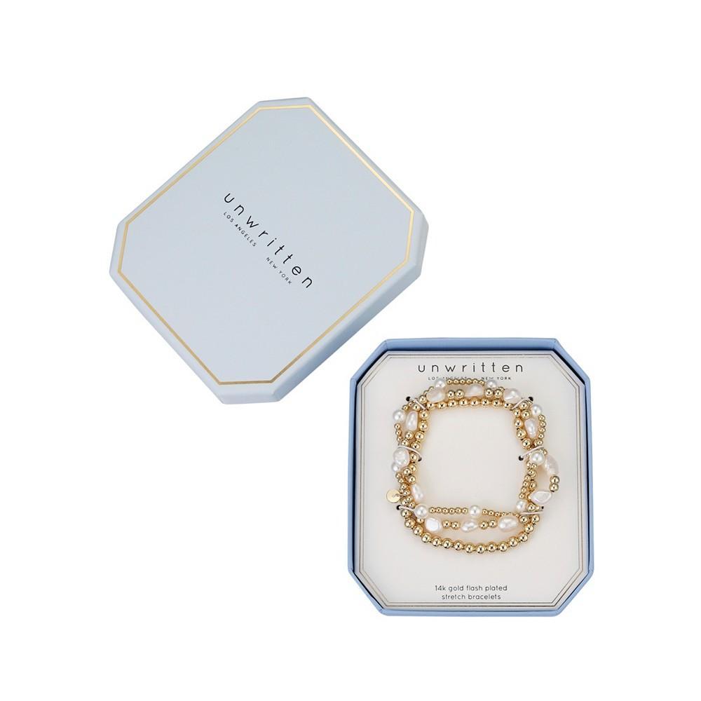 商品Unwritten|14K Gold Flash Plated Brass Fresh Water Imitation Pearl Oval Beaded Stretch Bracelet Trio Set, 3 Piece,价格¥215,第4张图片详细描述