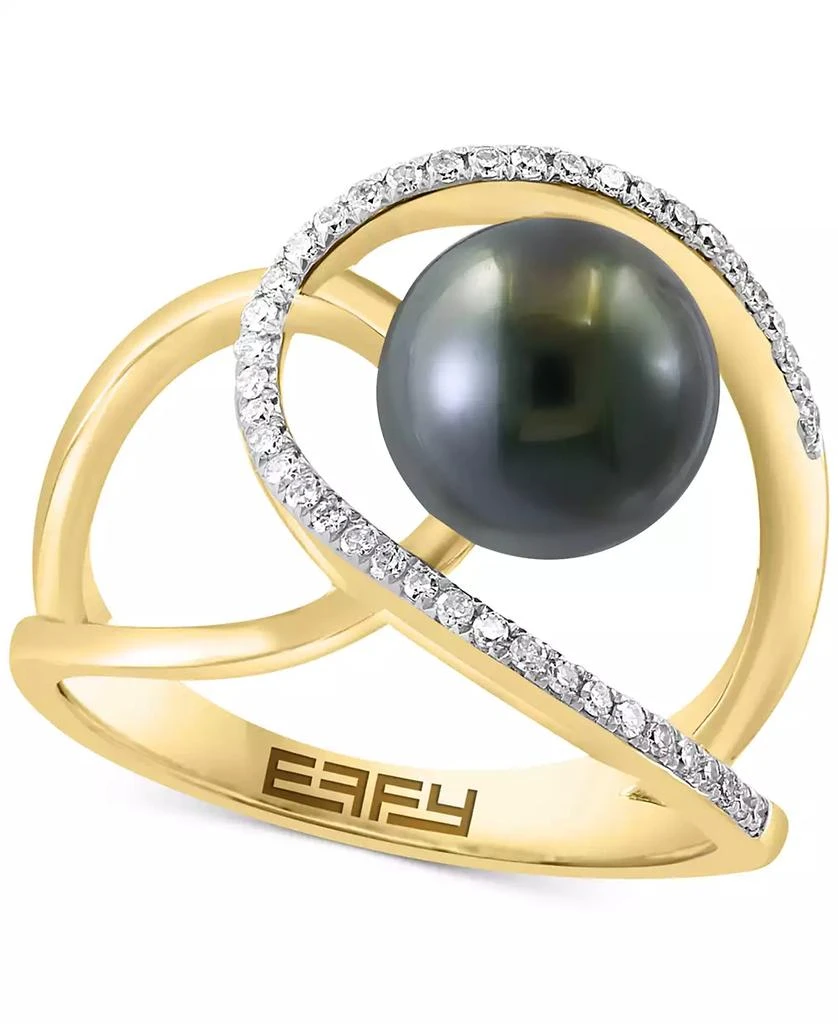 商品Effy|EFFY® Black Tahitian Pearl (8mm) & Diamond (1/6 ct. t.w.) Abstract Openwork Statement Ring in 14k Gold,价格¥8818,第1张图片