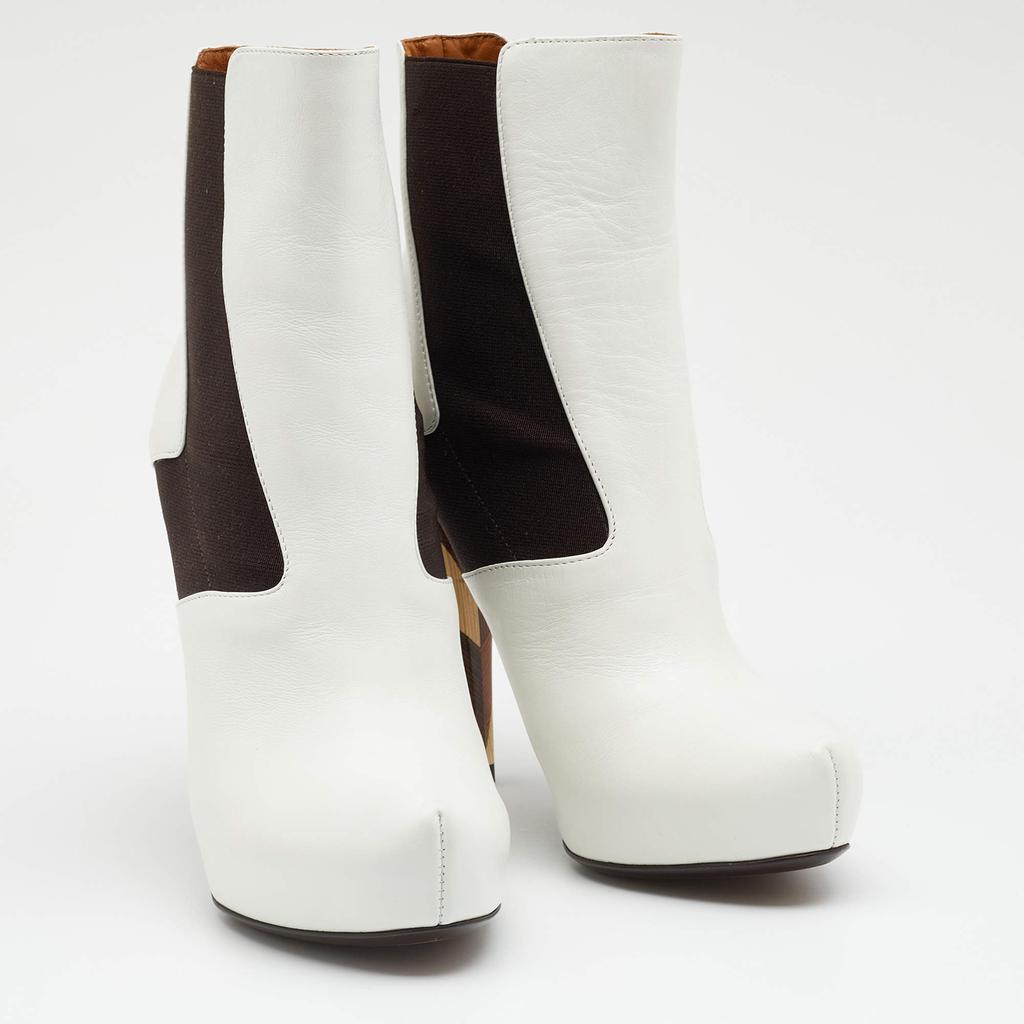 Fendi White/Brown Leather And Stretch Fabric Platform Ankle Boots Size 37.5商品第4张图片规格展示
