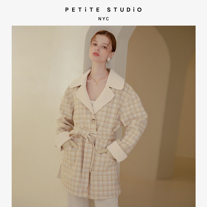 商品[国内直发] Petite Studio NYC|Edie米色格纹法式简约两面穿中长款羊毛外套 | Edie Reversible Wool Coat - Plaid & Ivory,价格¥1996,第1张图片