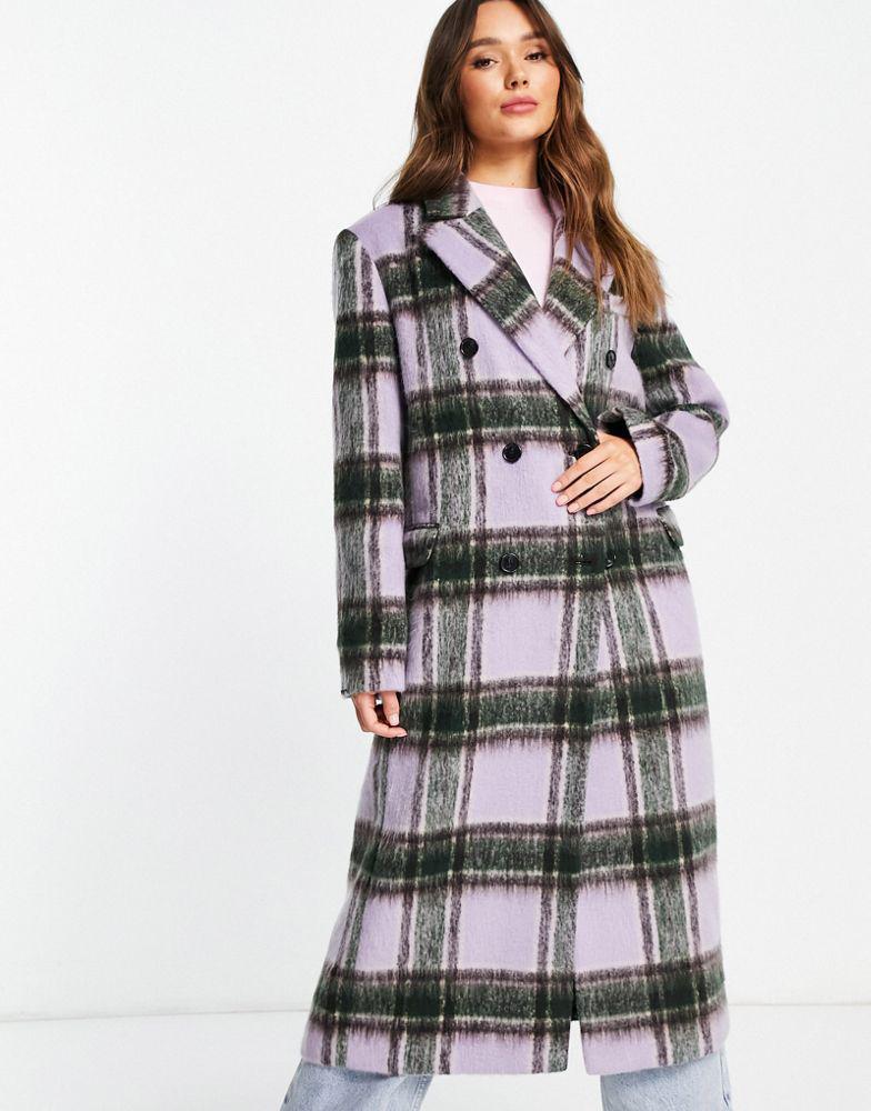 Topshop lilac check double breasted long coat in lilac商品第4张图片规格展示