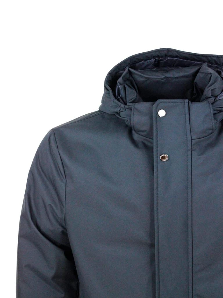 商品MOORER|Duster Jacket Padded With Real Goose Down Made Of Waterproof Technical Gabardine. Zip And Button Closure. Removable Hood,价格¥9412,第4张图片详细描述