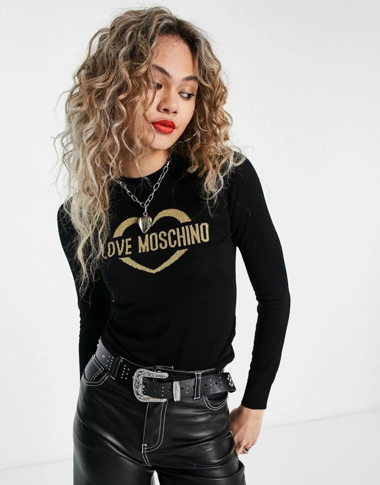 商品Love Moschino|Love Moschino metallic gold logo knitted jumper in black,价格¥1358,第4张图片详细描述