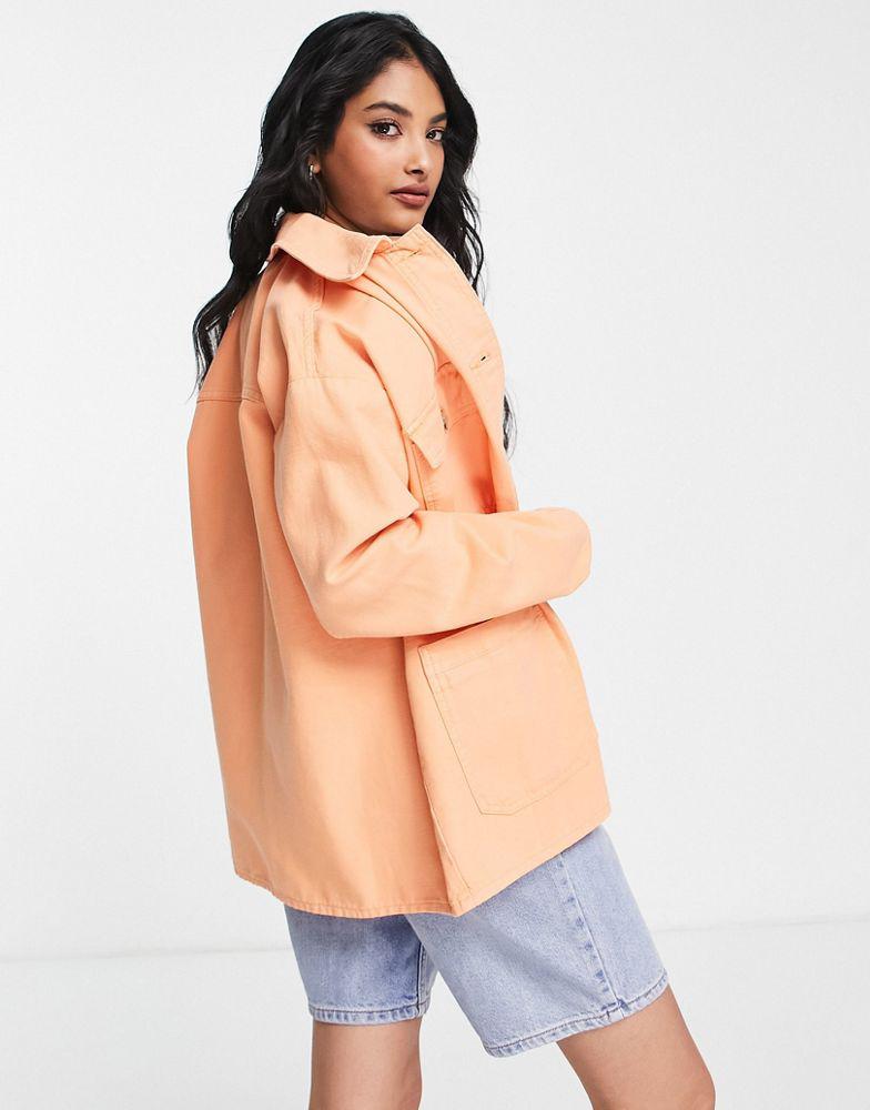 Topshop oversized long sleeve shirt jacket with branded woven label in orange商品第2张图片规格展示