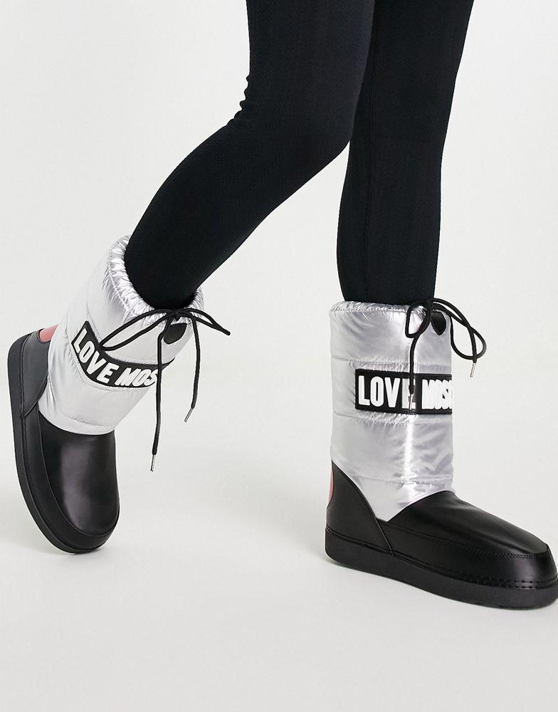 Love Moschino logo snow boots in black and silver商品第1张图片规格展示