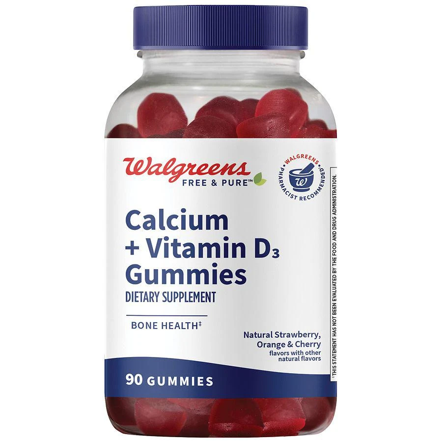 商品Walgreens Free & Pure|Calcium + Vitamin D3 Gummies Natural Strawberry, Orange & Cherry,价格¥112,第1张图片